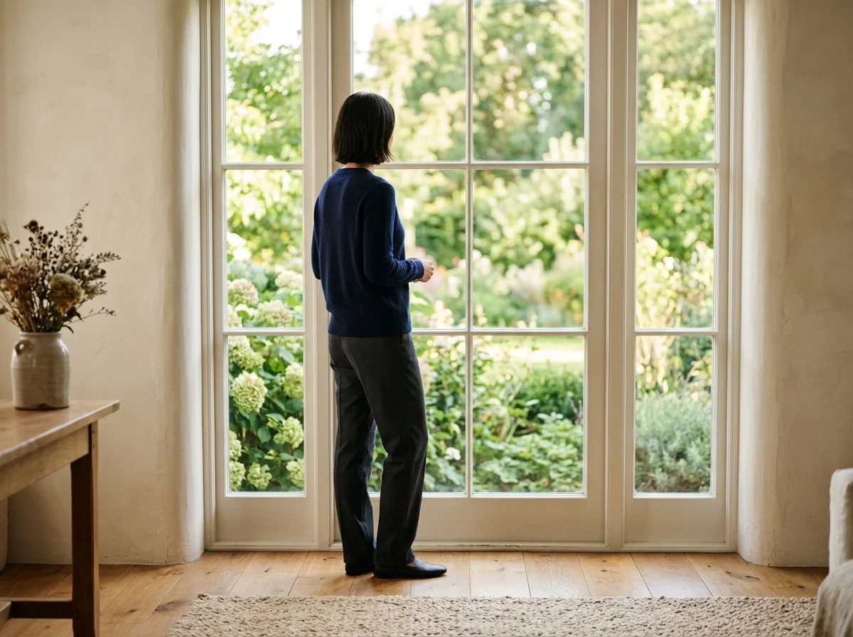 Stonebridge Journal wellness editor looking out at garden