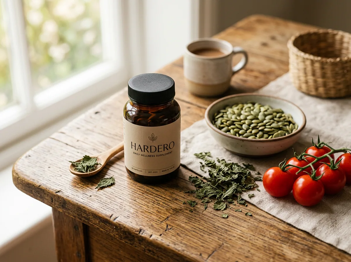 Hardero supplement bottle with pumpkin seeds and plant ingredients on wooden table